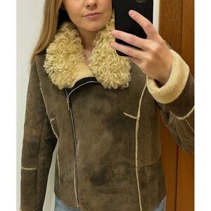Vintage Women's Shearling Leather Aviator Jacket Moto Biker Bomber Brown Suede S
